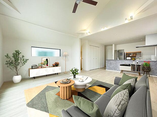 リビング(配置してある家具はCGによるイメージです)開放感溢れる吹抜天井。明るさと風が入る窓配置が安らげる空間を演出します。