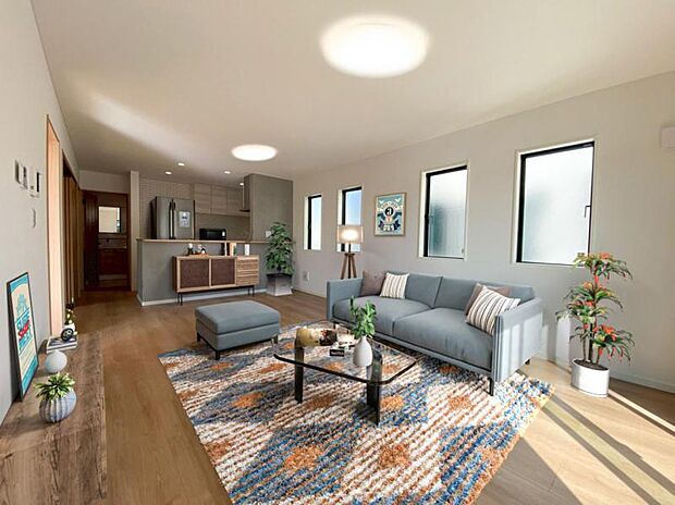 リビング(家具はCGによるイメージです)ゆったり18帖の広々リビング。明るさと風が入る窓配置が安らげる空間を演出します。(2025.8.23撮影)