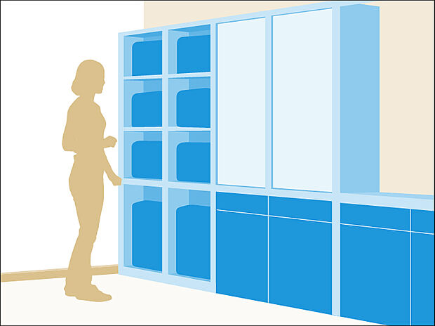 お米などの食品ストックや大きな食器、頻繁には使わない調理家電などを収納でき、キッチンもスッキリ片付きます。災害時の備蓄食材の保管スペースとしても便利です。