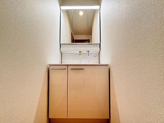 三面鏡の付いた洗面化粧台は、鏡面裏側にも機能的な収納を配置。普段使いの洗面小物やスキンケア用品などが衛生的に保管できます。