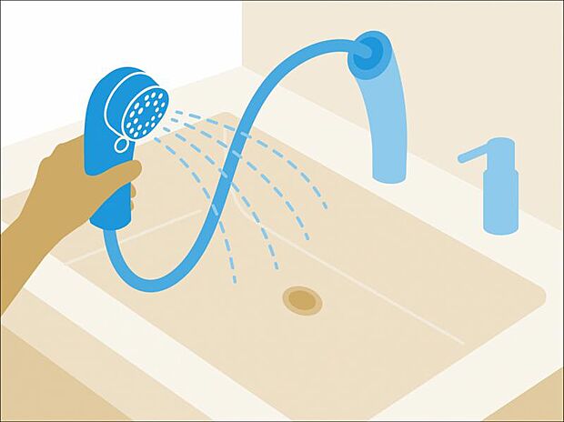 シャンプードレッサー(ハンドシャワー付き洗面化粧台) 朝の洗髪に便利なハンドシャワーを洗面化粧台に設置。伸び縮みするため化粧台を隅々まで洗え、いつでも清潔なパウダールームを保てます。