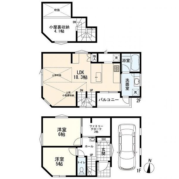 間取図 2LDK+小屋裏収納+ファミリークローゼット