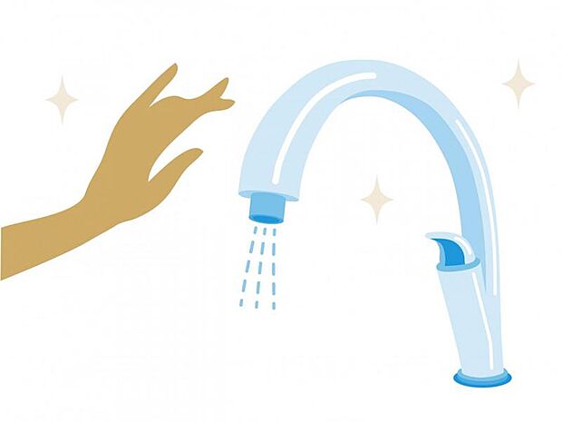 センサーに手をかざすだけで水が出るタッチレス水栓。汚れた手で水栓に触れないため、調理中やウイルス対策に便利です。