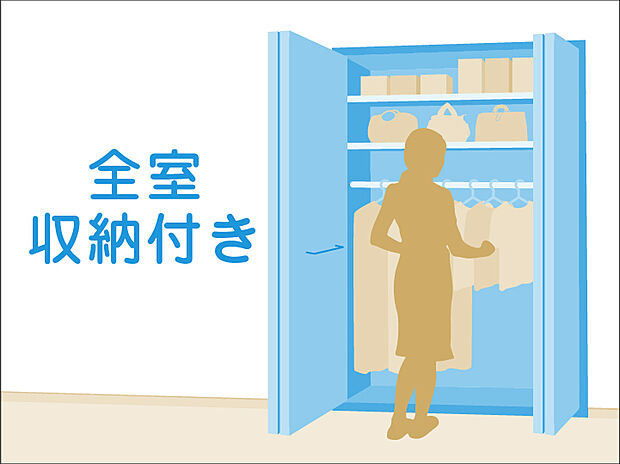 収納を全室に設置。衣類はもちろん、部屋ごとに必要なものを細かく収納でき、利便性も高まります。