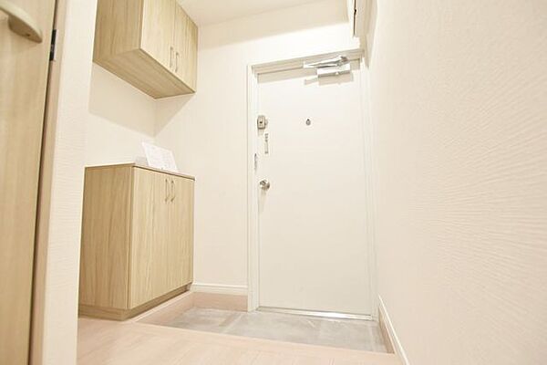 木目調の扉が優しい印象を与える、おしゃれなシューズクローゼット。靴をたっぷり収納できるだけでなく、見せる棚には植物や小物を飾れて、玄関の雰囲気をセンス良く演出します。
