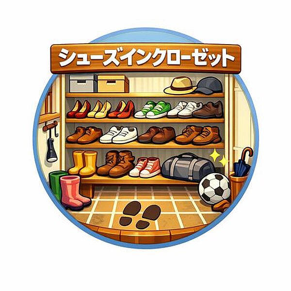 玄関横のウォークインクローゼットは、靴だけでなく季節小物や趣味のアイテムもまとめて収納できる大容量。扉付きで生活感をしっかり隠し、玄関全体に清潔感と洗練された印象を与えます。