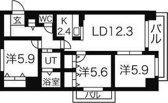 Laforet Park Hill 105｜北海道札幌市豊平区月寒西一条5丁目(賃貸マンション3LDK・1階・70.81㎡)の写真 その3