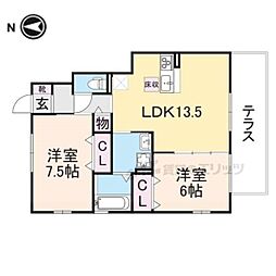 リザイアＢ棟 1階2LDKの間取り