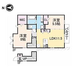 シャルマンヴィラージュD棟 2階2LDKの間取り