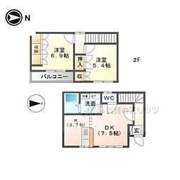 近鉄田原本線 黒田駅 徒歩5分の賃貸アパート 1階2LDKの間取り