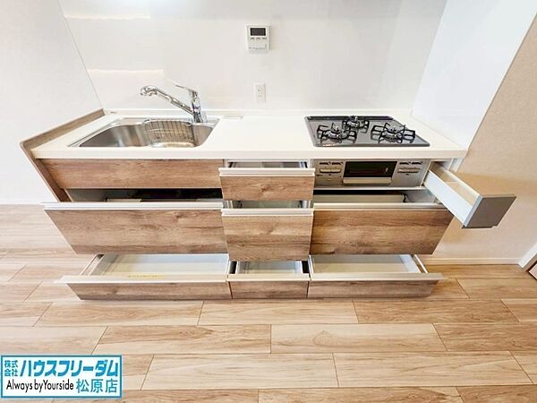 収納豊富で調理器具や調味料も出し入れしやすいです。