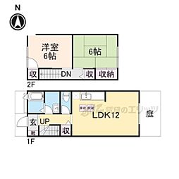 近鉄生駒線 一分駅 徒歩2分の賃貸テラスハウス 1階2LDKの間取り