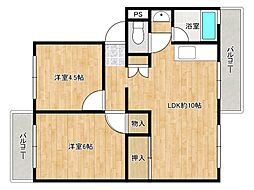 狭山遊園ハイツ1号棟 2DKの間取図画像