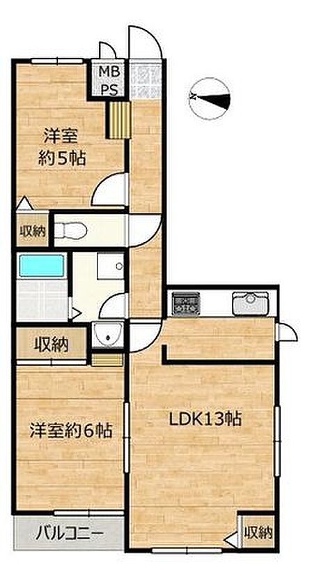 【間取図】2LDKの間取り。収納スペースも確保されておりますので部屋をすっきり保てます。