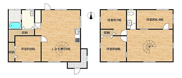 【間取り図】木の温もりを感じるログハウス調の空間が魅力の4LDKの住宅です。