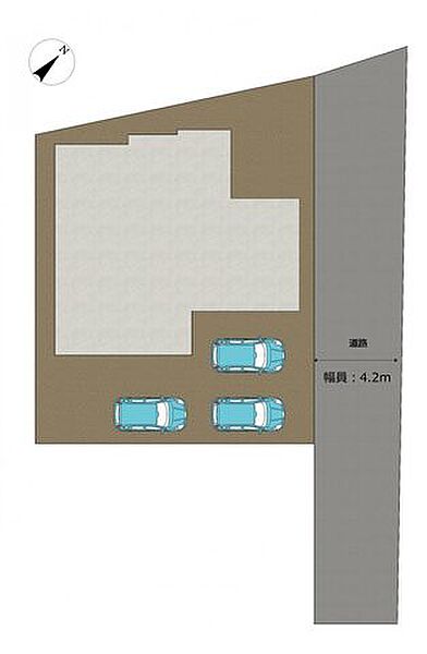 【区画図】道路と敷地の関係図です。敷地は約118坪ありお車3台駐車が可能です。