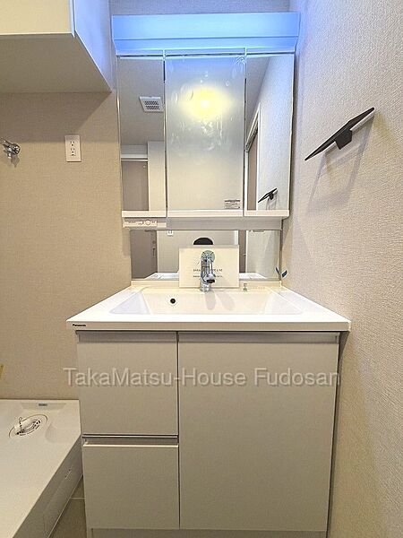 洗面化粧台は新規交換し、収納も豊富にございます
