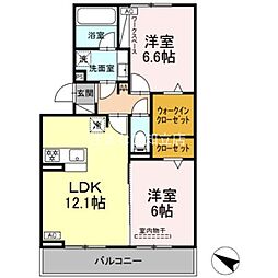 シャンテ　フルール 3階2LDKの間取り