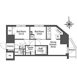 コンフォリア・リヴ木場 4階2DKの間取り