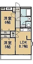 メゾン・ラフィール 3階2DKの間取り