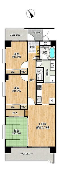二面バルコニーで通風・採光良好
