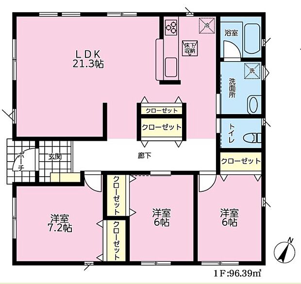 新築１階建て住宅です。床面積は９６．３９平米階段が無いのでマンション感覚でお住まい頂けます。