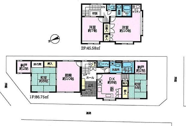 ４L・DKの間取りになります。各居室は約７帖以上あります。２階にも浴室が有ります。また、２階の洋室にはミニキッチンが付いています。