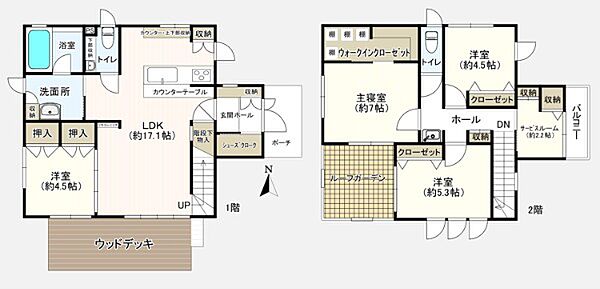 ４ＳＬＤＫの間取です。１階にはウッドデッキ、２階にはルーフガーデンが付いています。全館床暖房完備です（玄関・キッチン・リビングダイニング・洗面室・浴室・居室・サービスルーム・トイレまで全て）