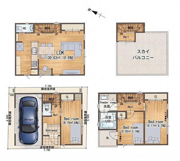建物プラン例(1区画)4LDK、建物価格3000万円、建物面積100m2