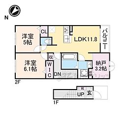 JR山陰本線 馬堀駅 徒歩20分の賃貸アパート 2階2LDKの間取り