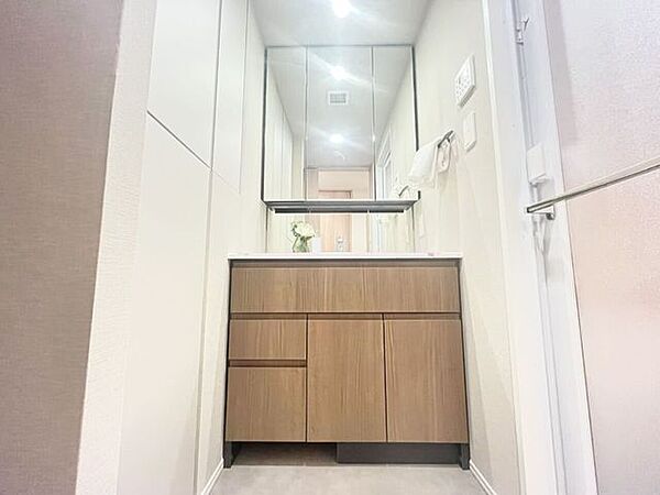 十分な大きさの洗面台は収納もさる事ながら、身だしなみチェックや歯磨きなど、朝の慌ただしい時間でもゆとりあるスペースで余裕を感じていただけます。