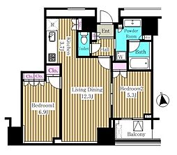 JR山手線 浜松町駅 徒歩3分の賃貸マンション 18階2LDKの間取り