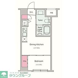 レジディア新川 2階1DKの間取り
