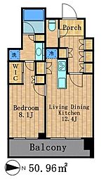 パークアクシス池田山 8階1LDKの間取り