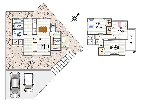 建物プラン例(プラン(3))土地価格870万円、土地面積143.66m2、建物価格1790万円、建物面積80.18m2。LDKは約17.5帖。2階に洋室3部屋あり、SIC付きで収納も充実♪