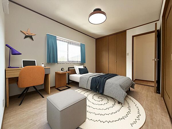 【南側洋室/約6帖】全居室6帖以上の広さです。随所に収納スペースがある住まいです。＊室内実写にCGでカーテン、シーリングライト、家具、絵画を配置しています。当物件には家具などは付帯しません。