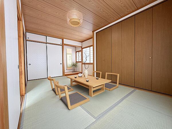 【和室/約7.5帖】リビングとDKに隣接する和室。引き戸を開ければ、一体感ある住空間に。＊室内実写にCGでカーテン、シーリングライト、家具、絵画を配置しています。当物件には家具などは付帯しません。