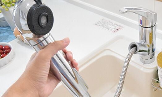 浄水器一体型　シャワー水栓　　食器や野菜などの水洗いがスムーズにこなせるハンドシャワーのついた水栓。浄水器一体型なので便利です。