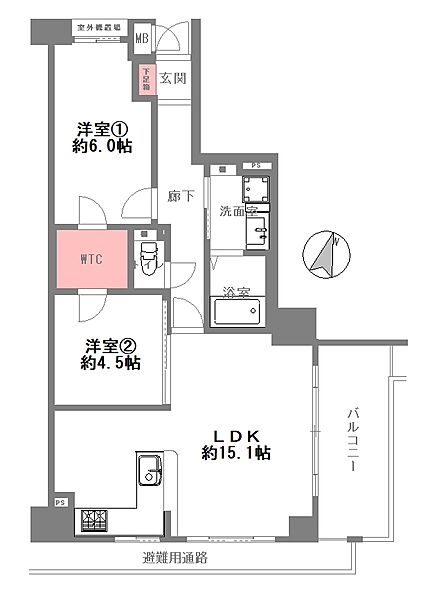 2LDK、専有面積59.13m2、バルコニー面積8.04m2、アルコーブ 0.84m2、室外機置場 0.76m2