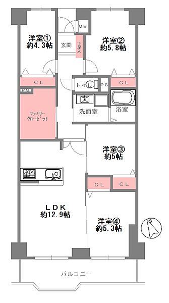 4LDK+ファミリークローゼット、各個室にクローゼット収納有。