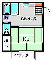 サンヒルズB棟 2階1DKの間取り