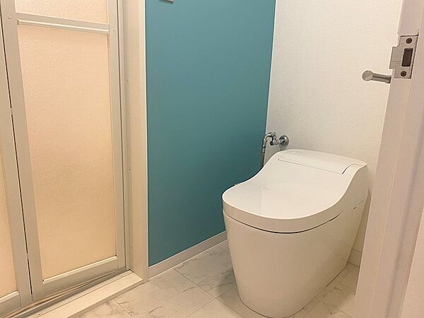 清涼感のあるエメラルドグリーンをアクセントクロスにしました。タンクレスのトイレを設置
