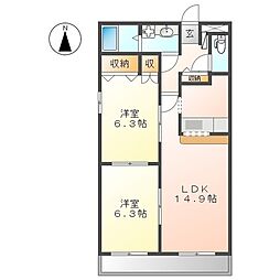 コンフォース東中島2 2LDKの間取図画像