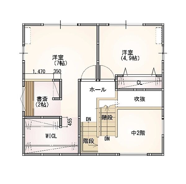 ２階洋室にはそれぞれにしっかり収納を確保。２帖の書斎はリモートワークなどにも活用できるプライベートな空間。中２階はフリースペースとしてライフスタイルに合わせた使い方が可能です。
