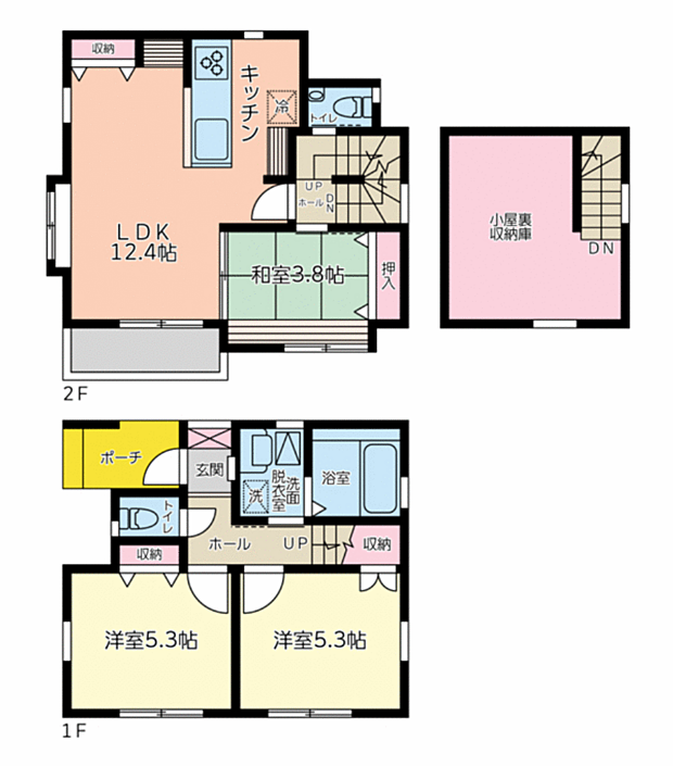 こちらは一例です。お部屋の配置、広さ配分、トイレ×２、和室→洋室やルーフバルコニー、ランドリールームなど間取り相談可能です！
