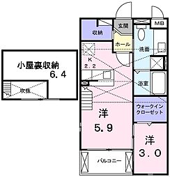 JR可部線 下祇園駅 徒歩15分の賃貸アパート 2階2SKの間取り