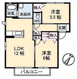 JR可部線 梅林駅 徒歩8分の賃貸アパート 1階2LDKの間取り