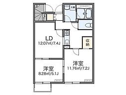 JR可部線 七軒茶屋駅 徒歩12分の賃貸アパート 1階2LDKの間取り