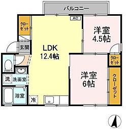 JR芸備線 矢賀駅 徒歩18分の賃貸アパート 1階2LDKの間取り