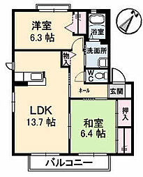 JR芸備線 矢賀駅 徒歩23分の賃貸アパート 2階2LDKの間取り